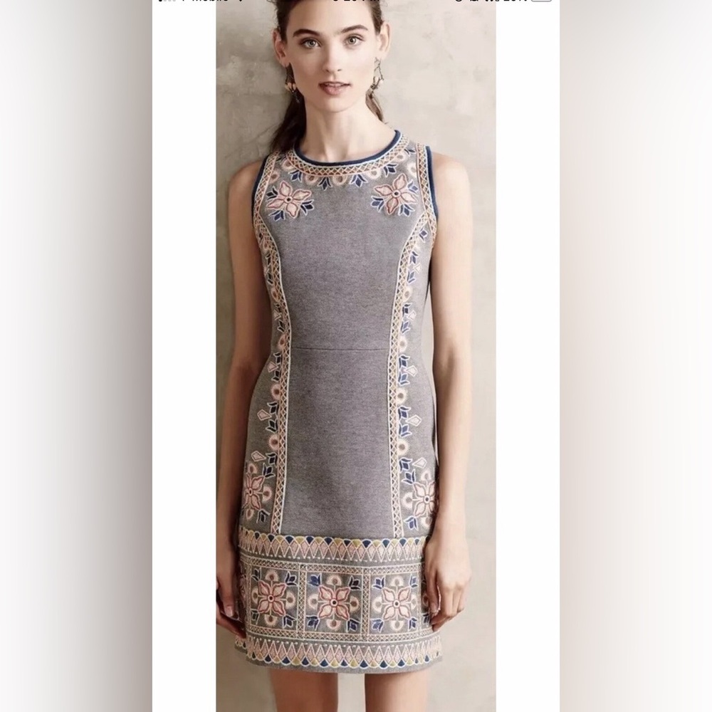 Maeve Gray Embroidered Sleeveless Mini Dress with Pink & Blue Accents - Picture 2 of 10